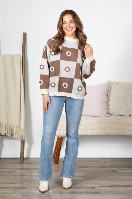 Mocha Flower Patches Checkered Sweater