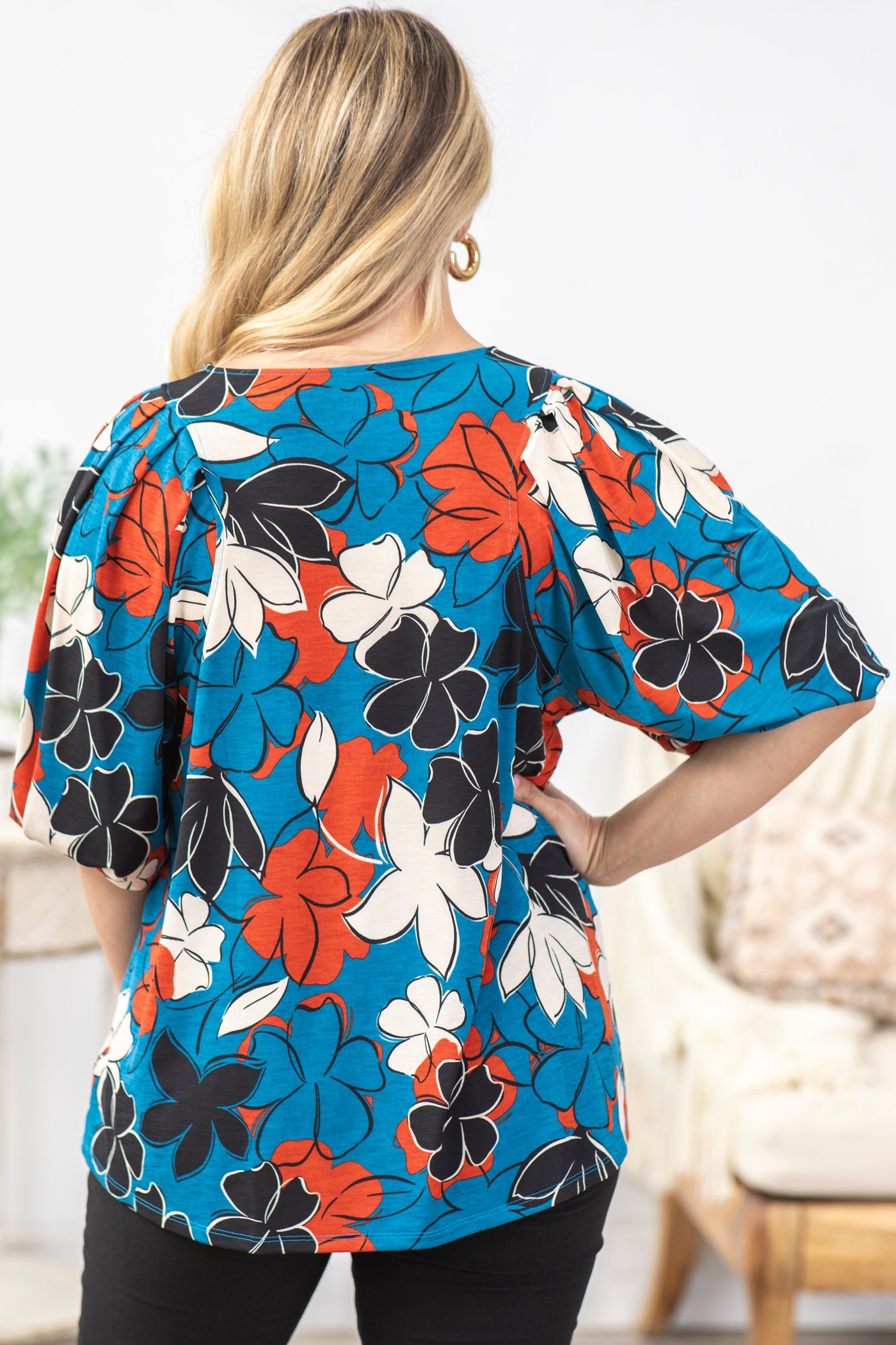 Teal And Rust Leaf Print Wrinkle Free Top