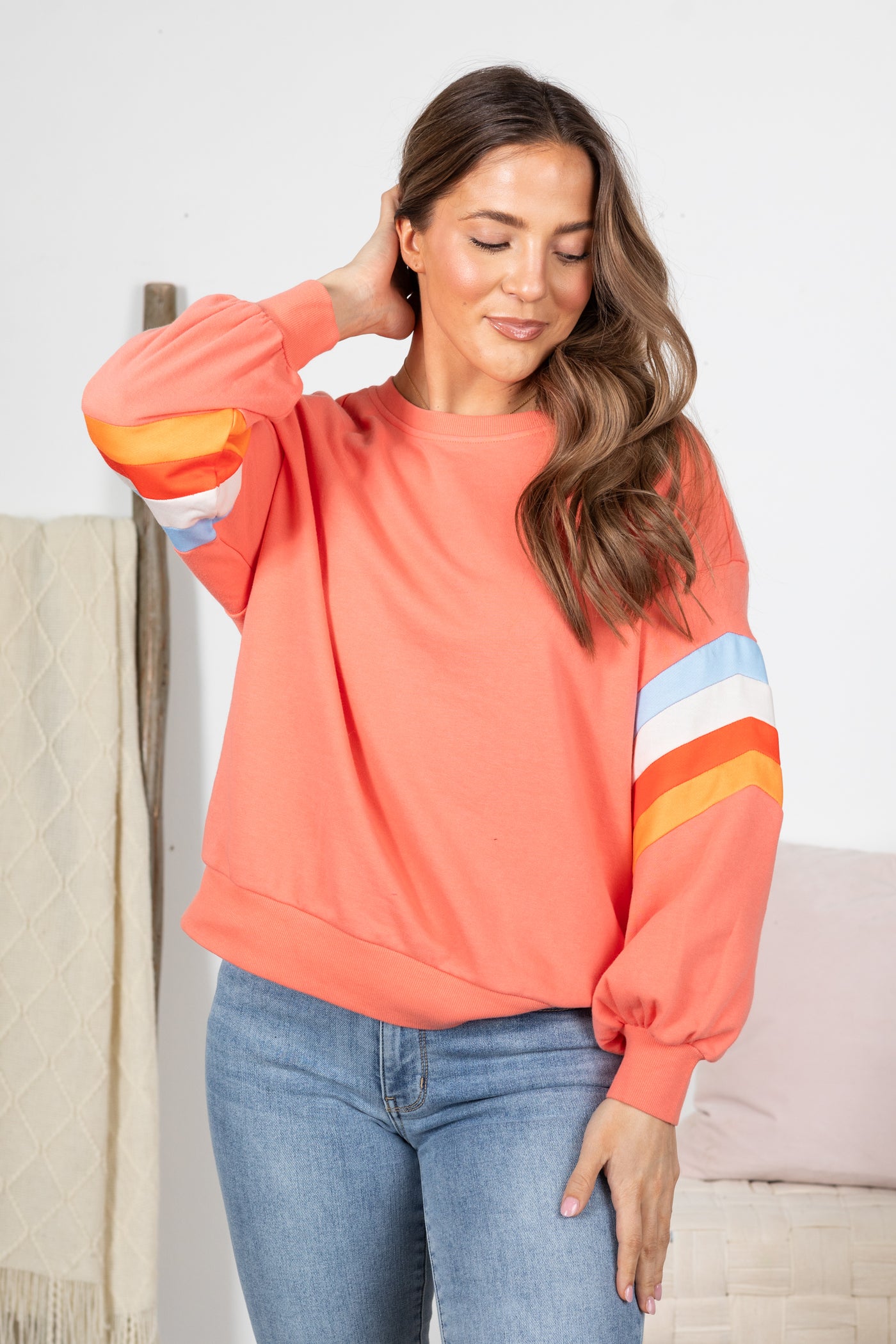 Multicolor Striped Sleeve Crewneck Knit Tops