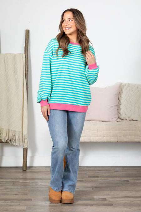 Stripe Contrast Trim Pullover Sweatshirt Top