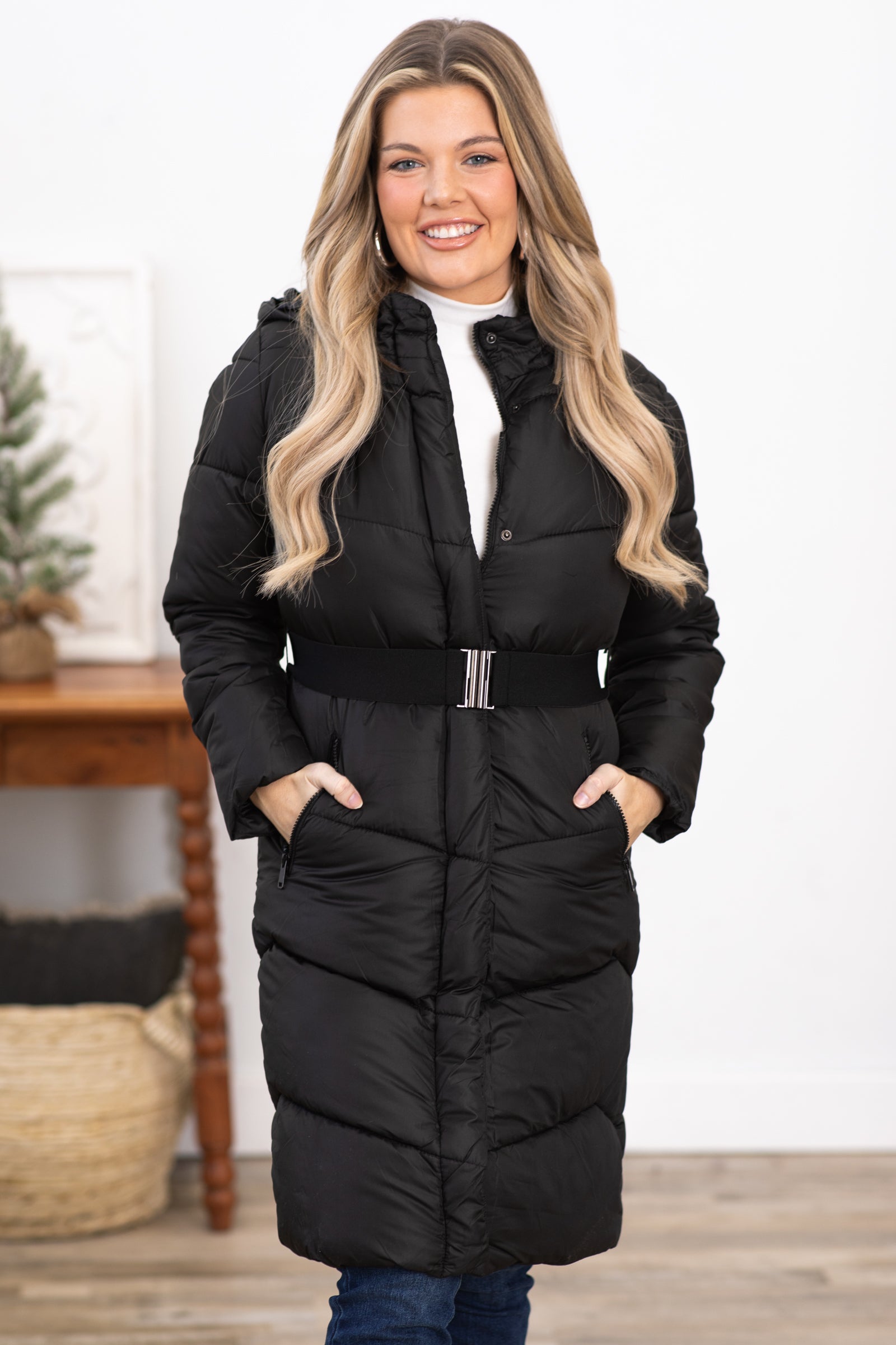 Black belted store longline puffer jacket