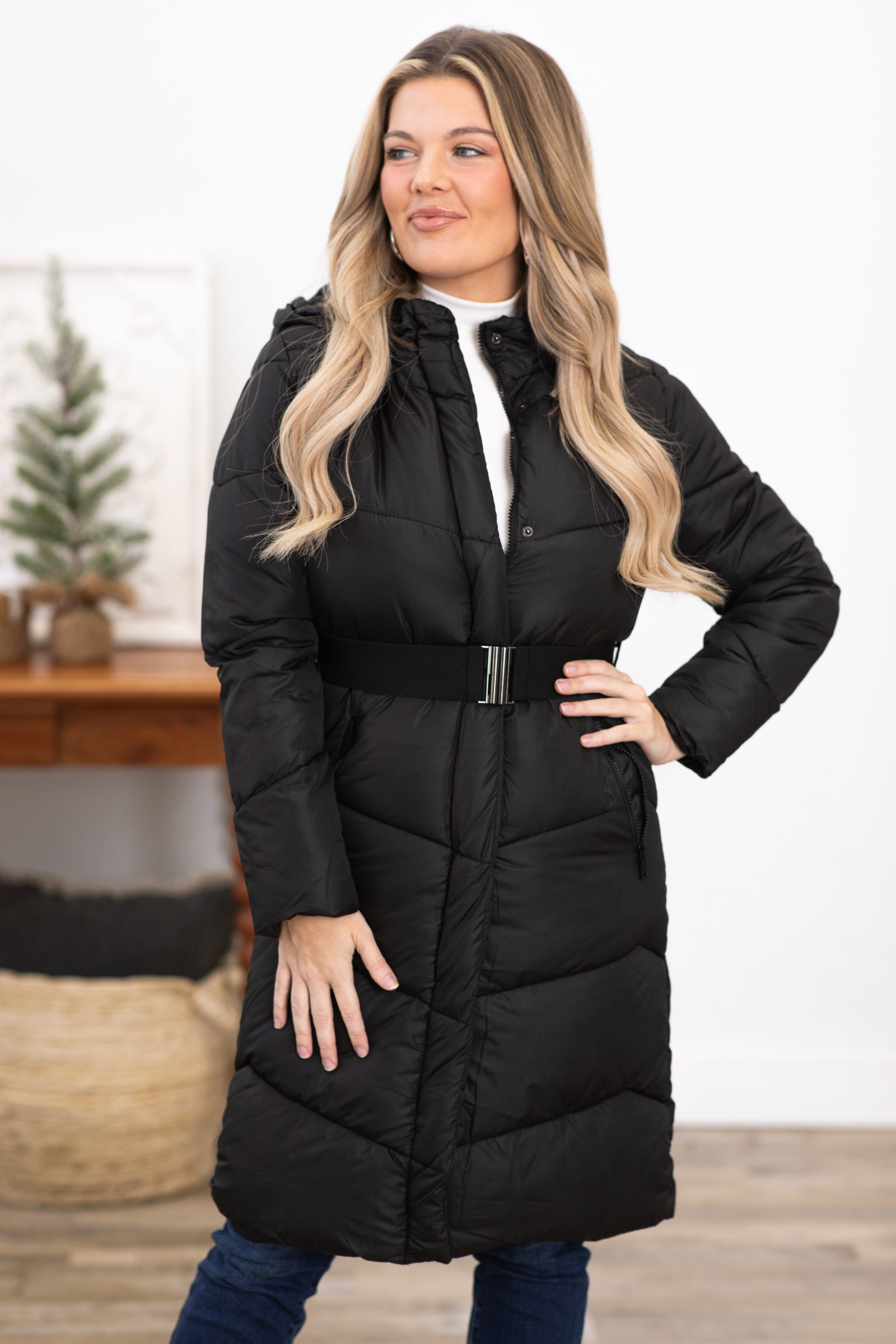 Black belted longline puffer 2024 jacket