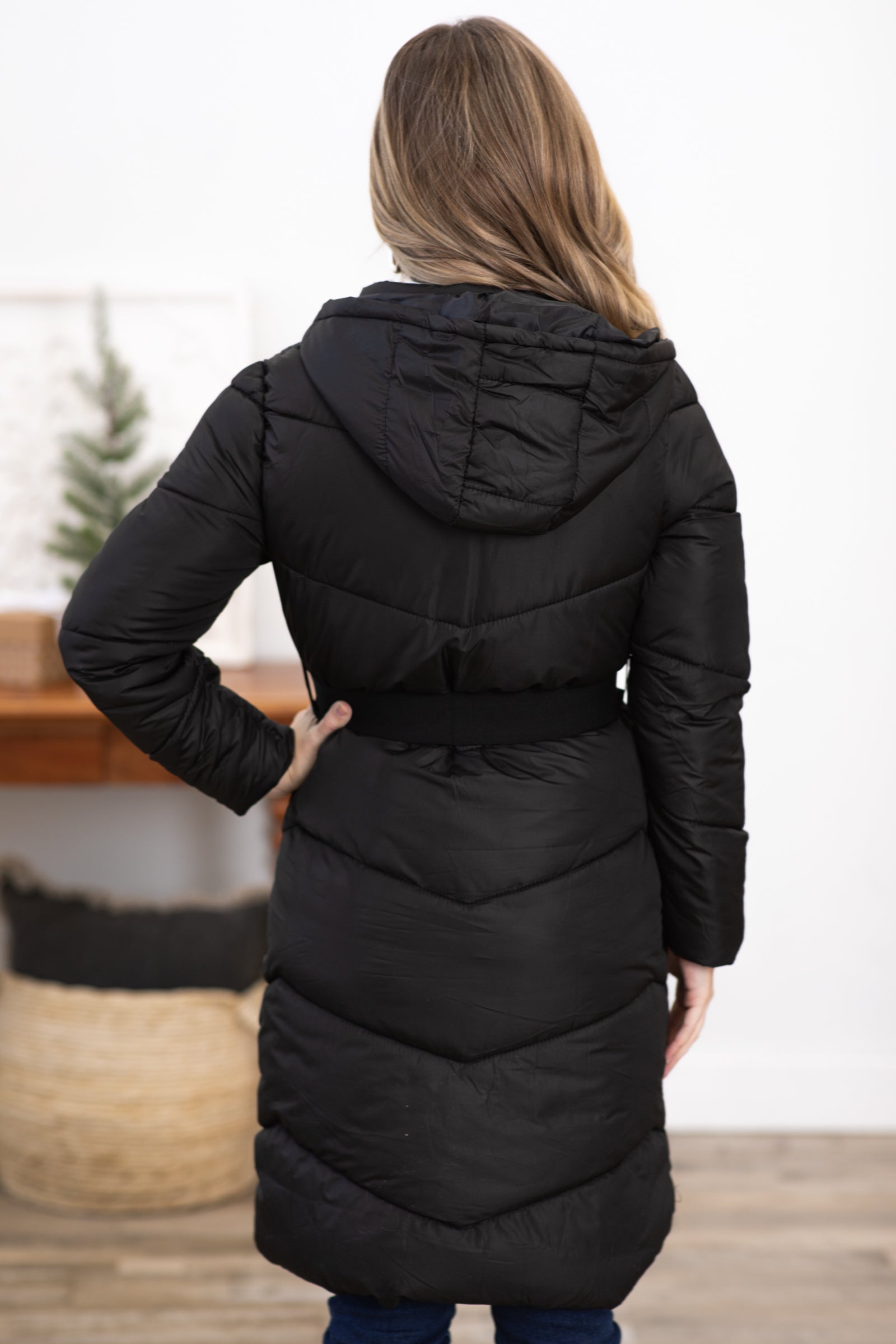 Black belted best sale puffer coat