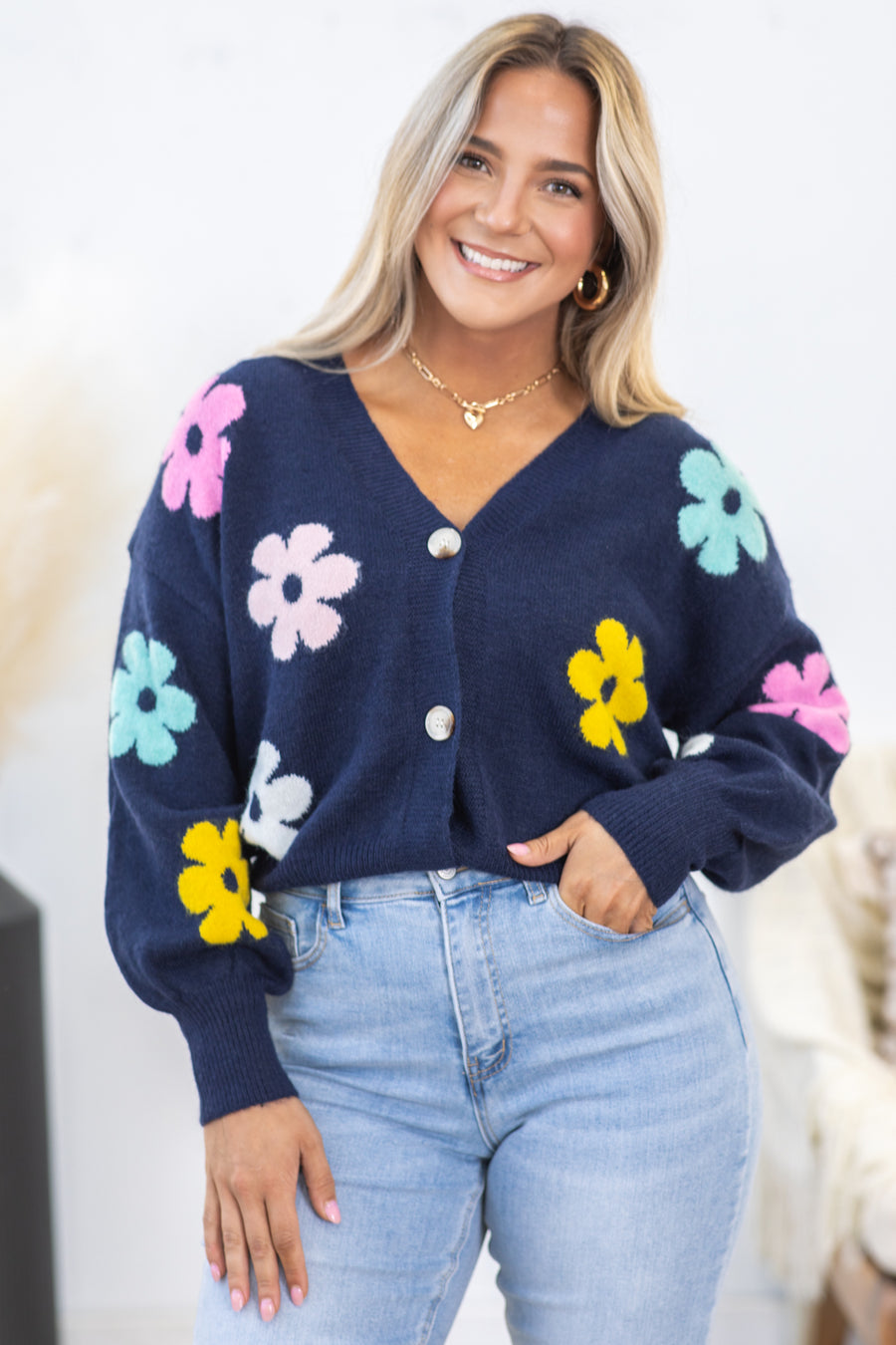 Navy Button Down Floral Cardigan