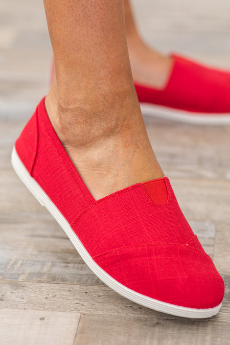 Red Slip On Linen Flats