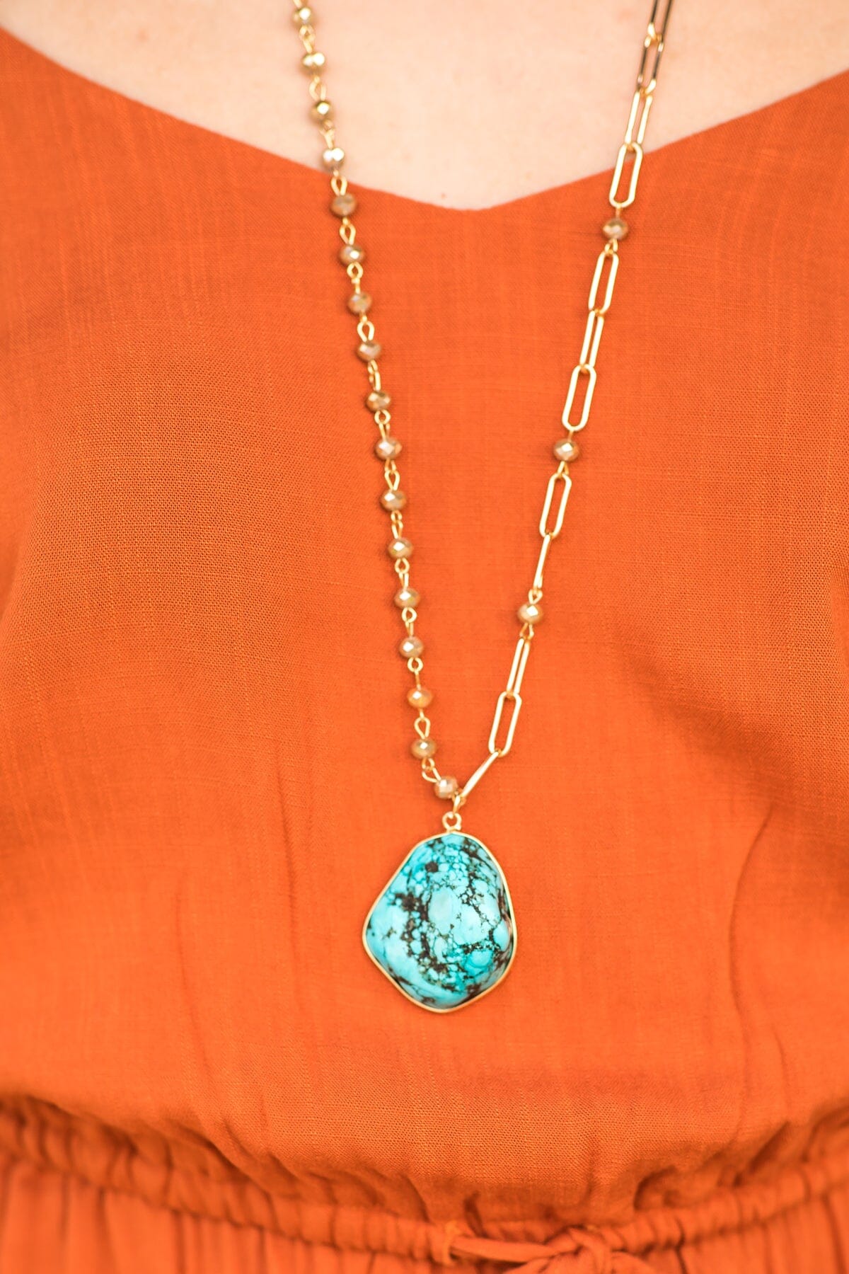 Gold Long Chain Necklace With Stone Pendant - Filly Flair