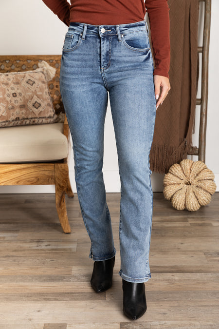 Risen High Rise Straight Jeans With Hem Slit