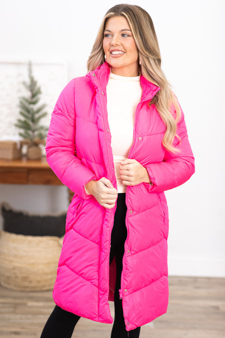 Neon Pink Belted Long Puffer Jacket With Hood