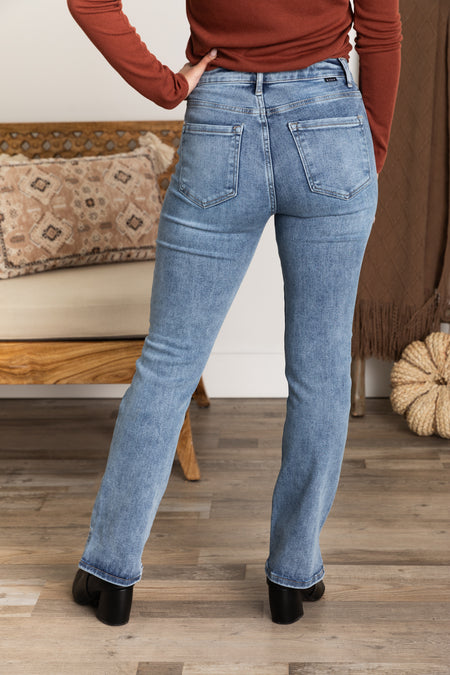 Risen High Rise Straight Jeans With Hem Slit