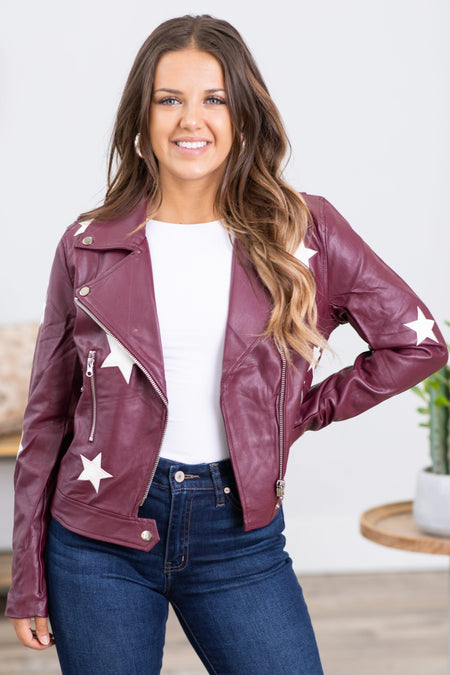 Berry Star Print Faux Leather Moto Jacket - Filly Flair