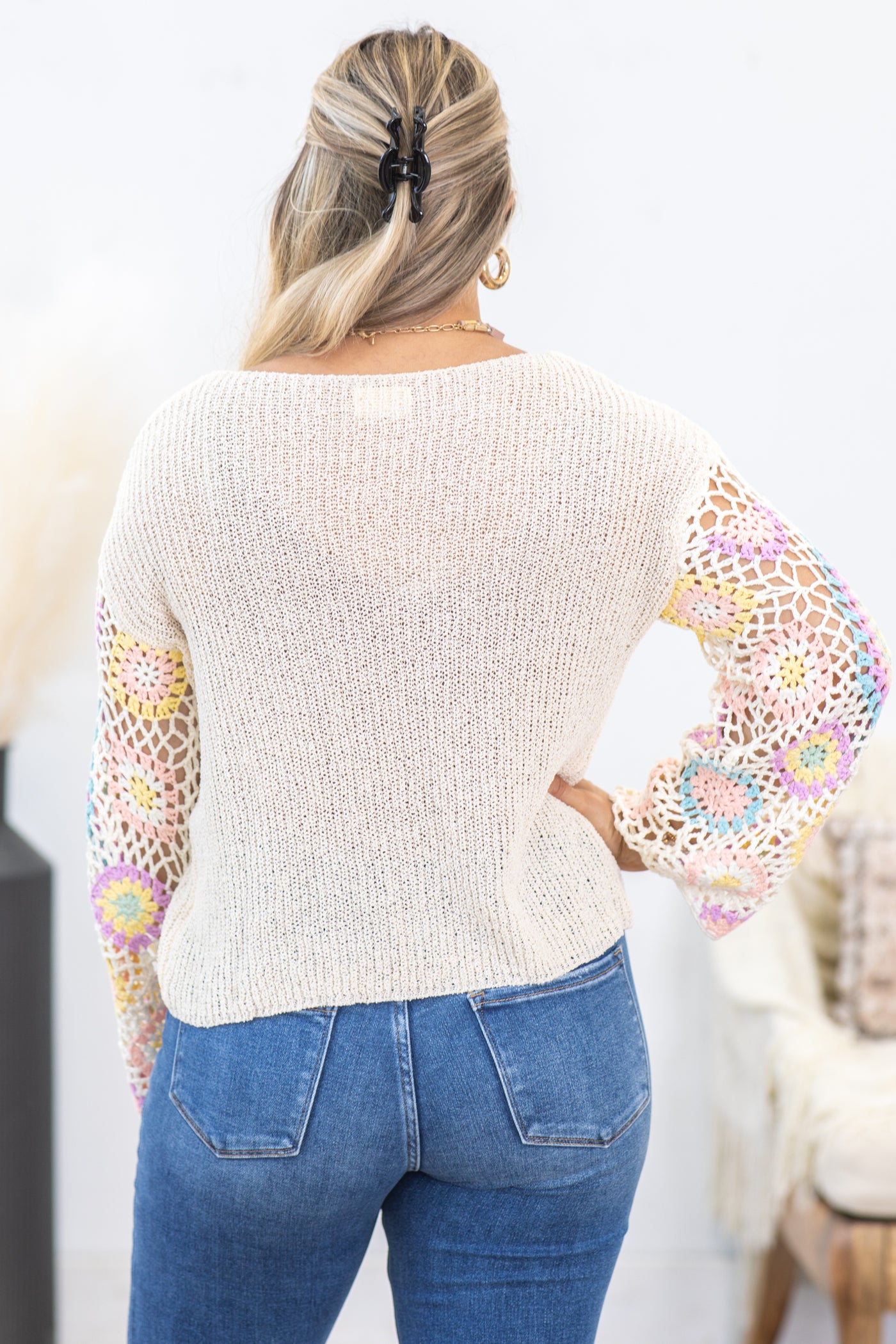 Cream Sweater Knit Top With Crochet Sleeves