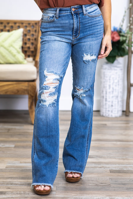 Judy Blue Distressed Fray Hem Bootcut Jeans