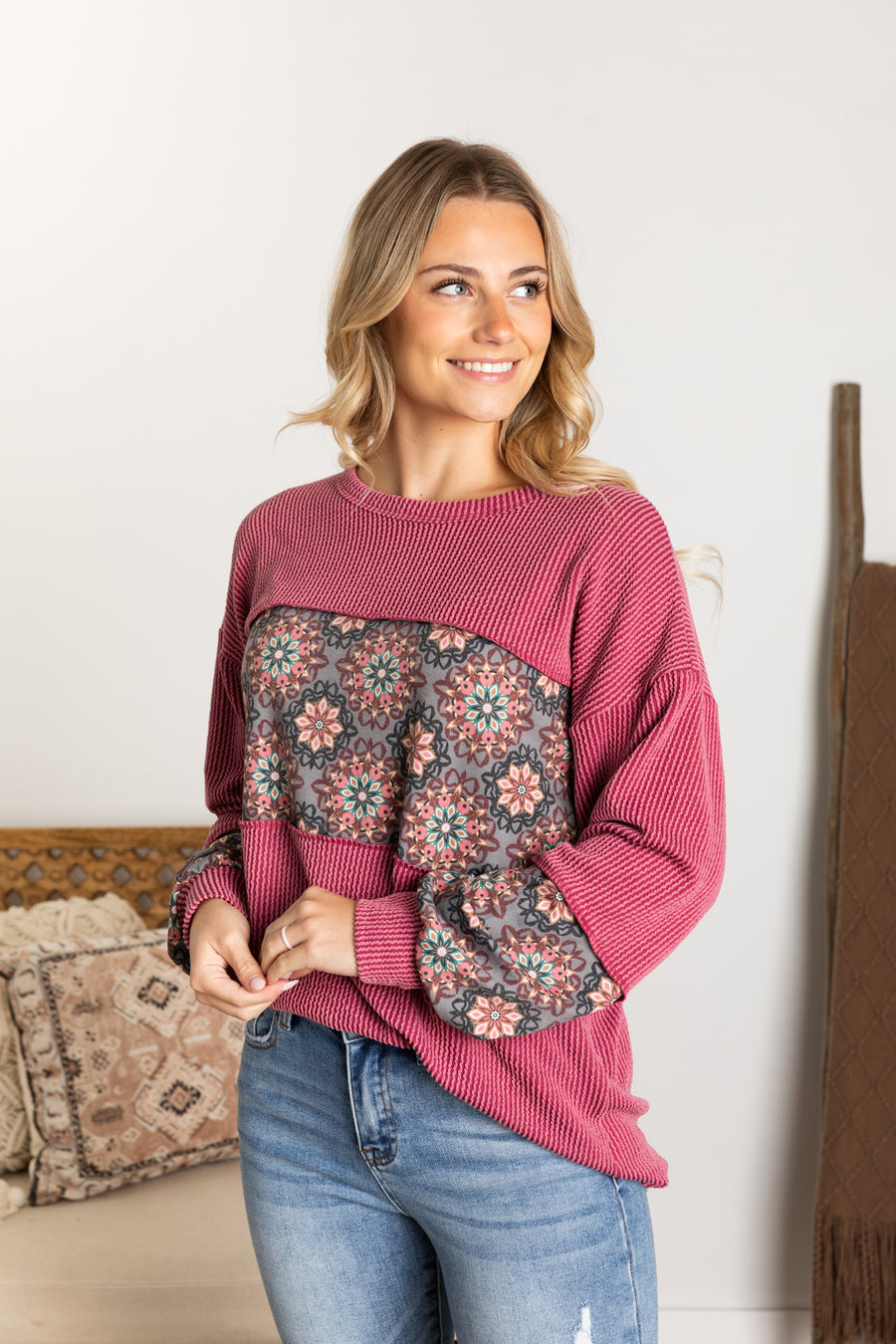 Raspberry Ribbed With Abstract Knit Top