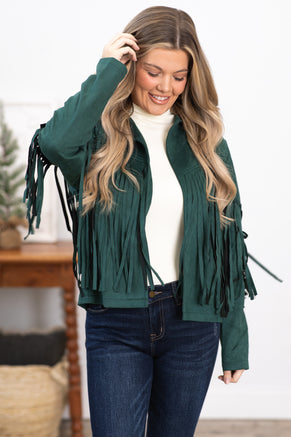 Emerald Green Vegan Suede Jacket With Fringe