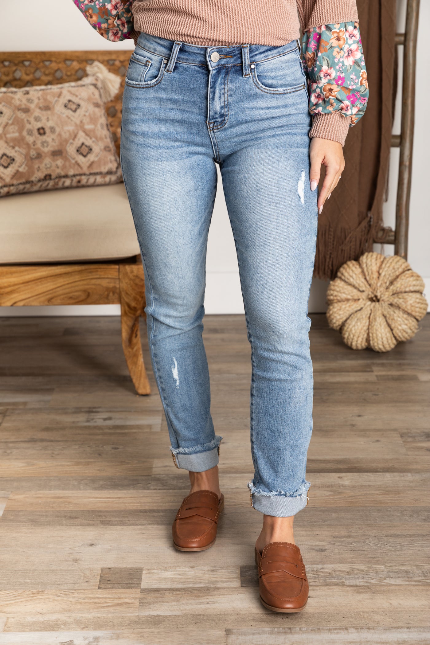 Risen Light Wash Cuffed Slim Straight Leg Jean