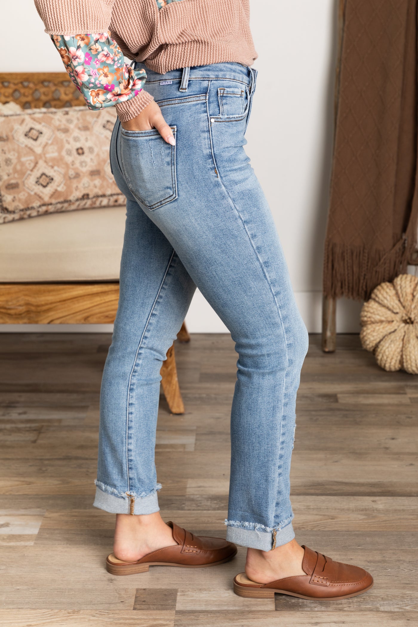 Risen Light Wash Cuffed Slim Straight Leg Jean