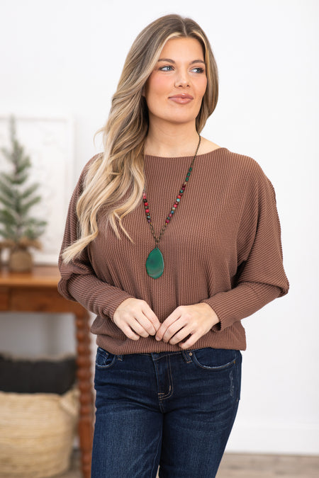 Mocha Boat Neck Dolman Sleeve Top