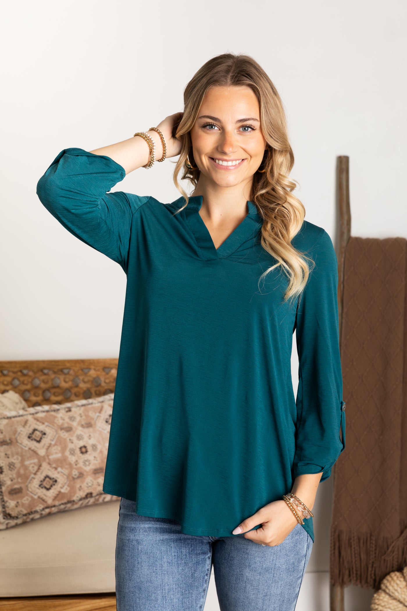 Solid Notch Wrinkle Free Lizzy Top