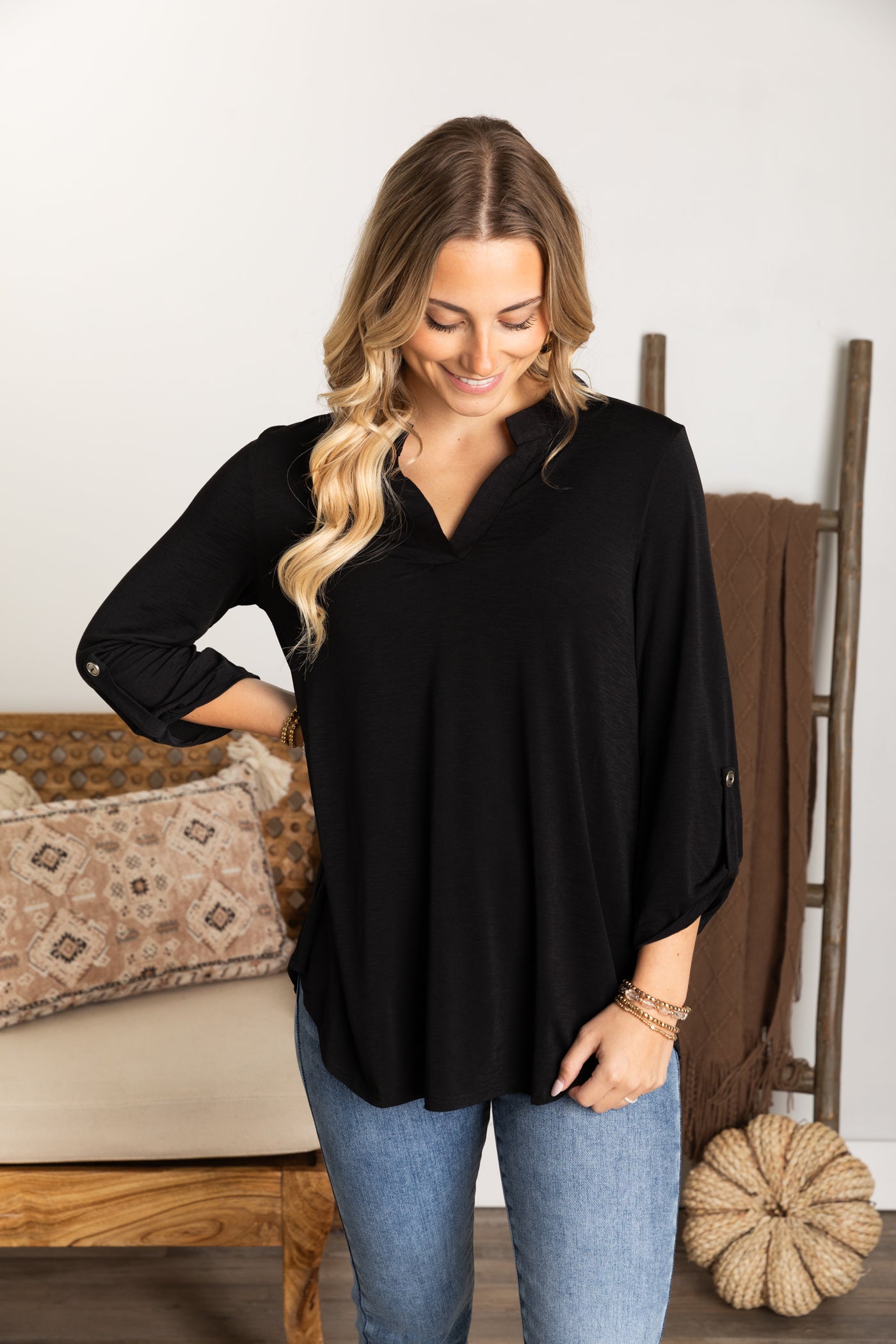 Solid Notch Wrinkle Free Lizzy Top