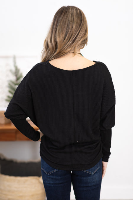 Black Boat Neck Dolman Sleeve Top