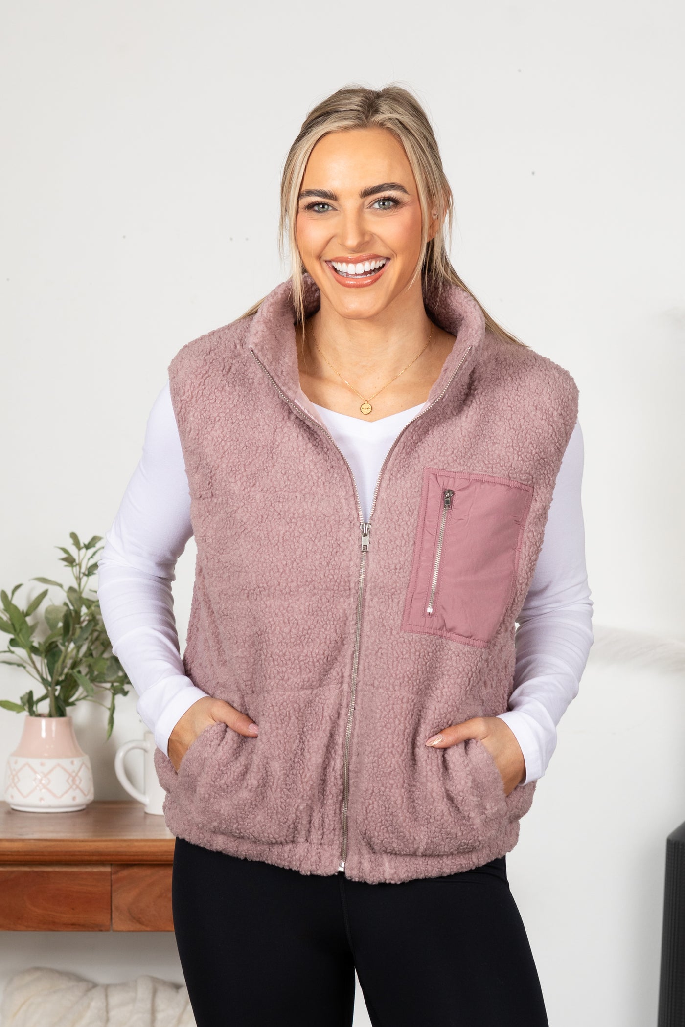 Mauve Zip-Up Front Sherpa Vest