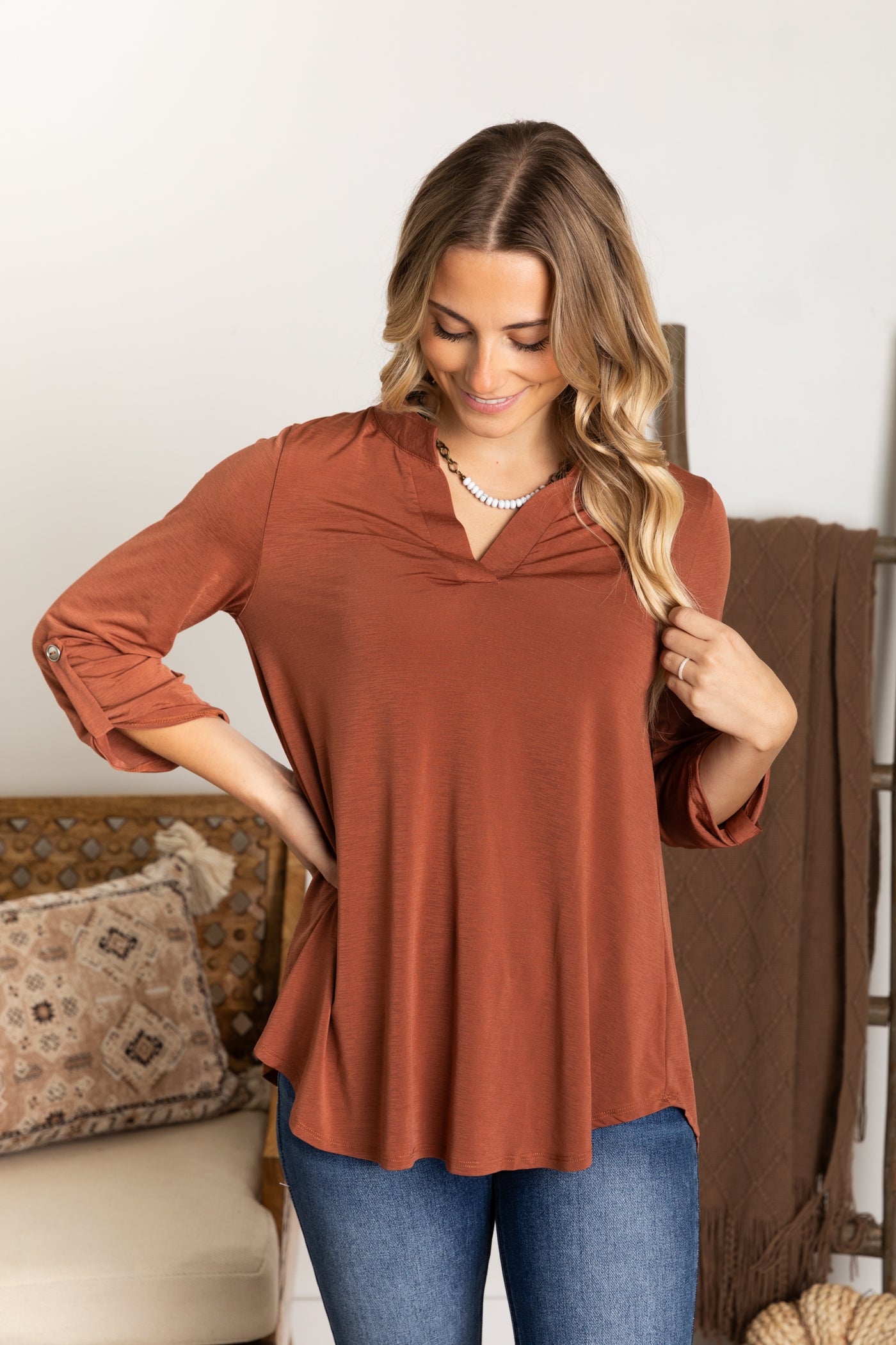 Solid Notch Wrinkle Free Lizzy Top