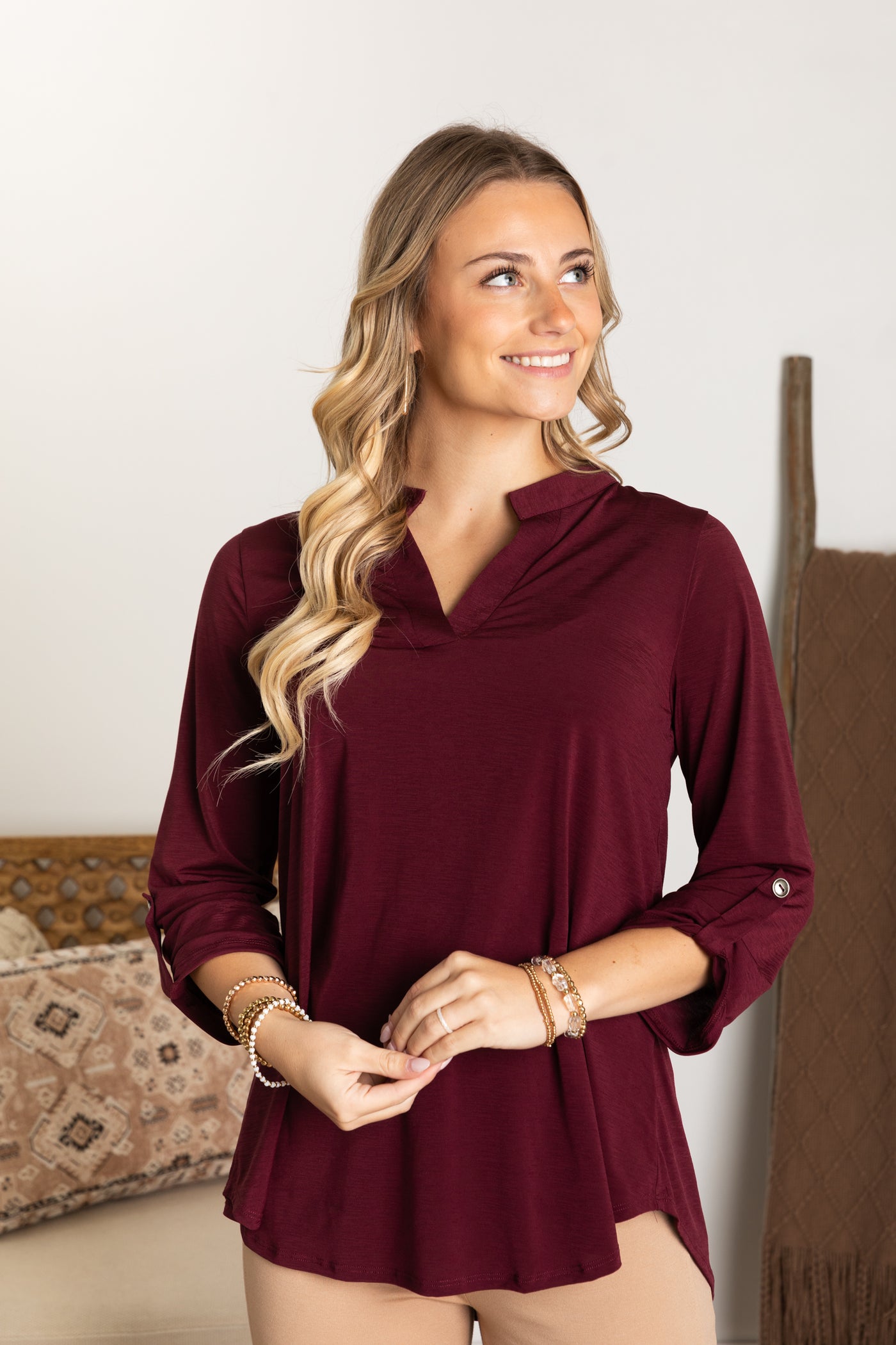 Solid Notch Wrinkle Free Lizzy Top