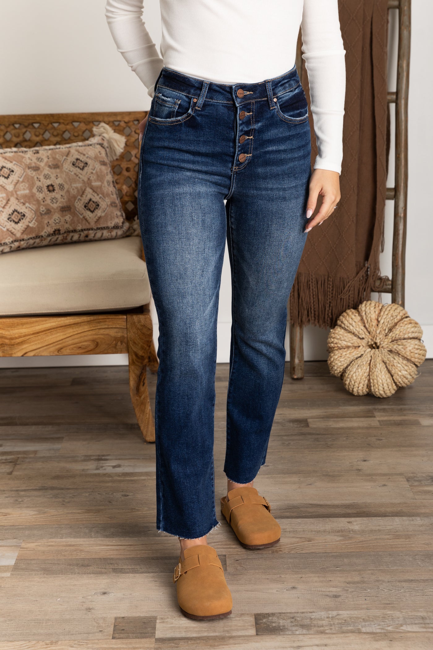 Risen Dark Button Closure Ankle Flare Jeans