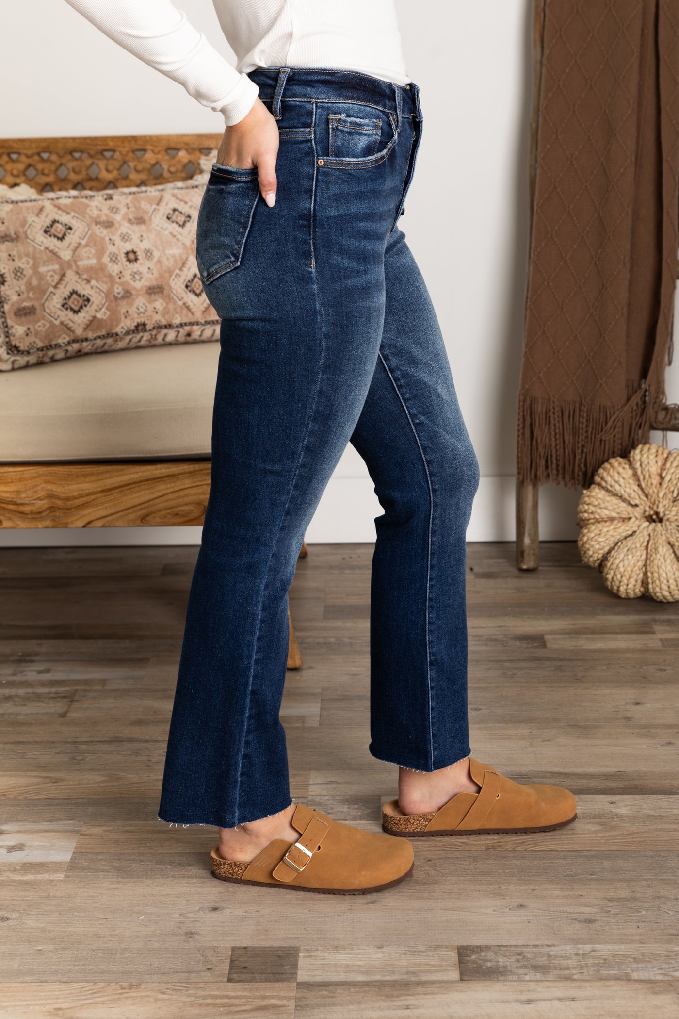 Risen Dark Button Closure Ankle Flare Jeans