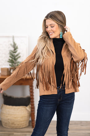 Camel Vegan Suede Jacket With Fringe