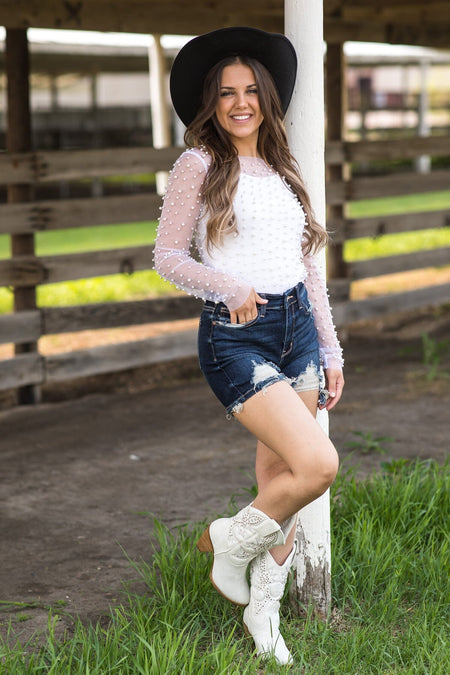 White Long Sleeve Top With Pearls - Filly Flair