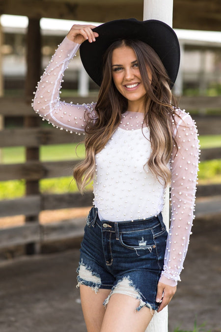 White Long Sleeve Top With Pearls - Filly Flair