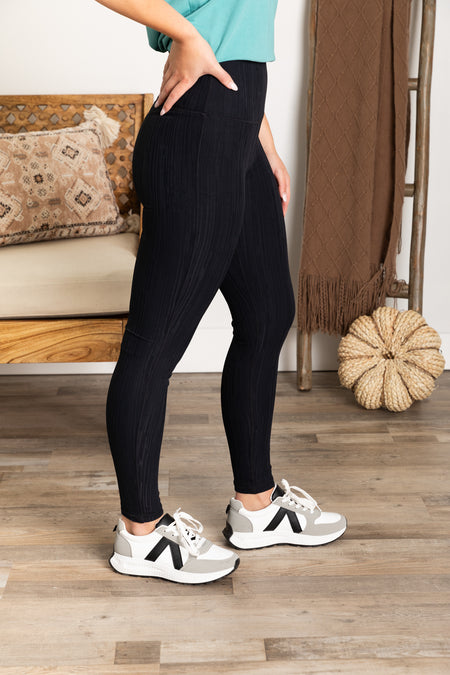 Black Textured Lines High-Waist Leggings