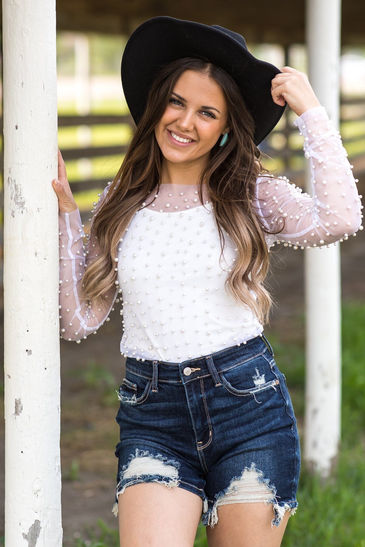 White Long Sleeve Top With Pearls - Filly Flair