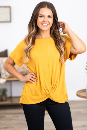 Golden Mustard Knot Front Short Sleeve Top - Filly Flair