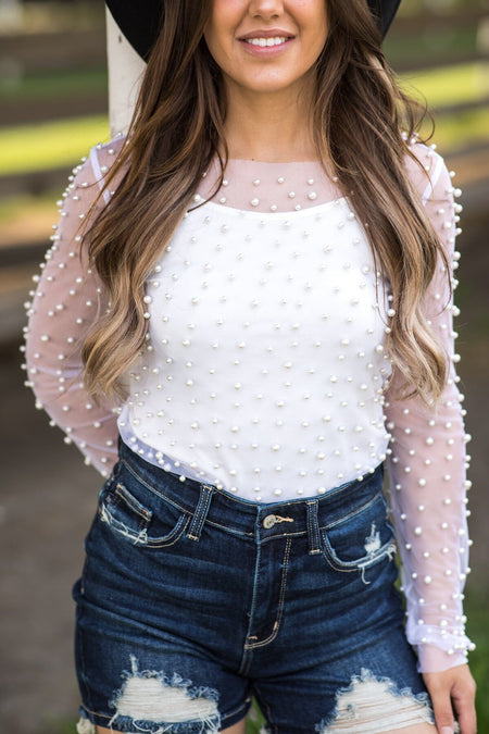 White Long Sleeve Top With Pearls - Filly Flair