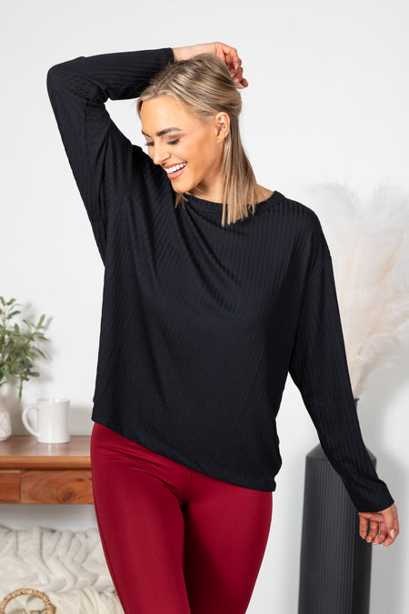 Black Soft Ribbed Scoop Neck Knit Top