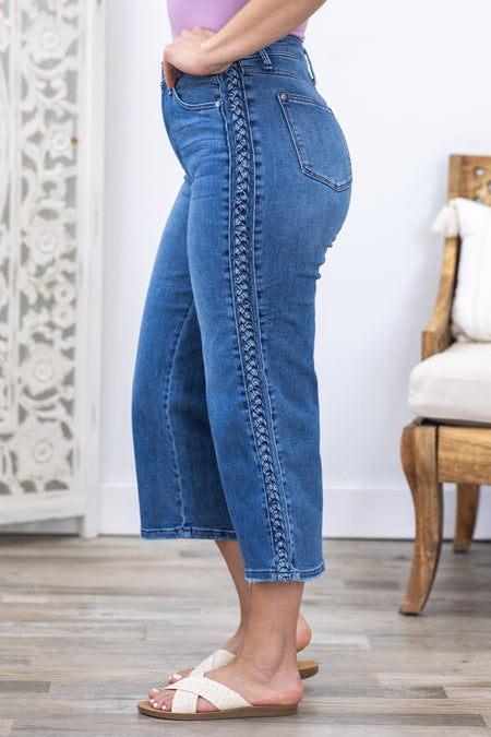 Judy Blue Braid Detail Crop Wide Leg Jeans