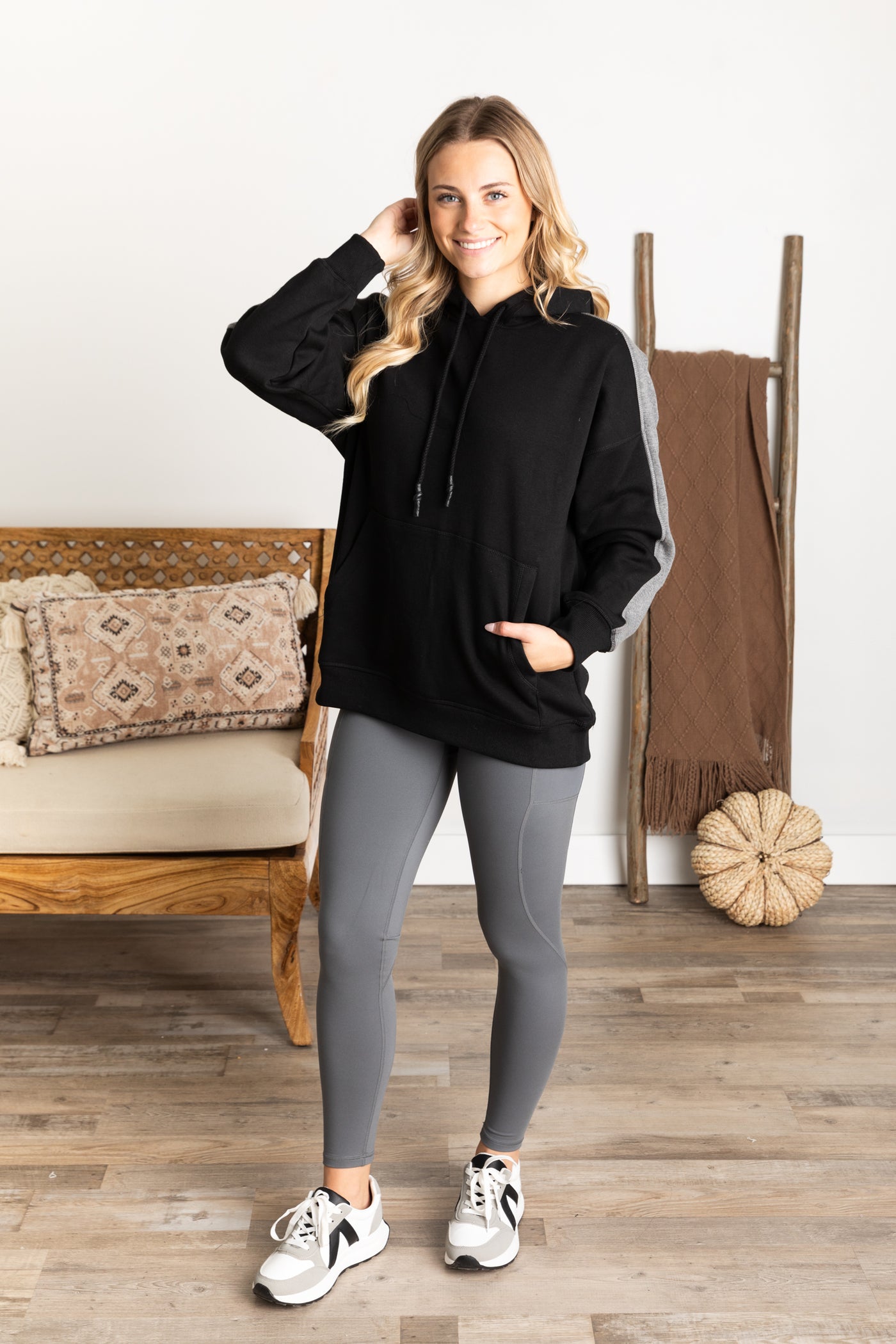 Grey Sleeve Fleece Pullover Hoodie