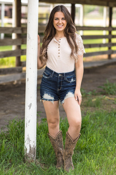 Beige Crochet Sleeve Henley Top - Filly Flair