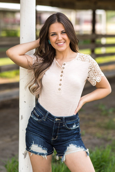 Beige Crochet Sleeve Henley Top - Filly Flair