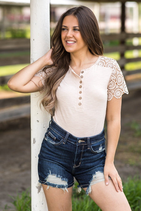 Beige Crochet Sleeve Henley Top - Filly Flair