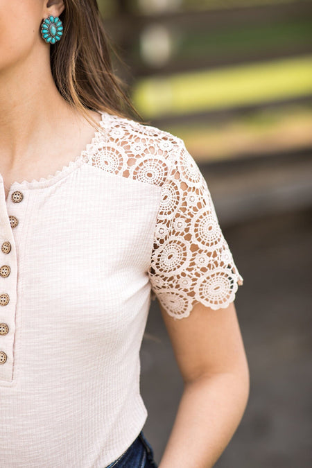 Beige Crochet Sleeve Henley Top - Filly Flair