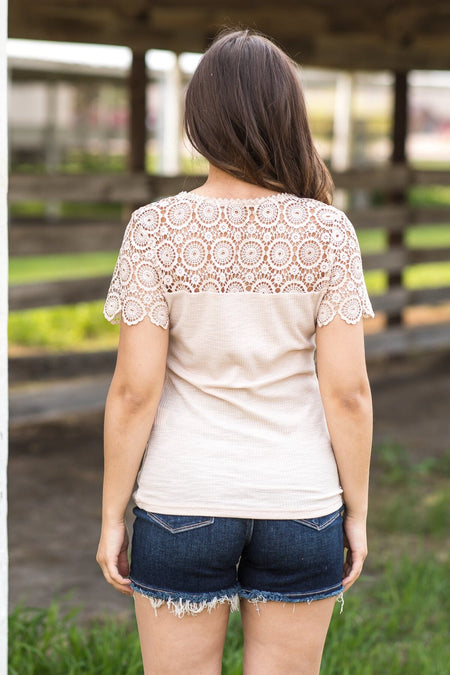 Beige Crochet Sleeve Henley Top - Filly Flair