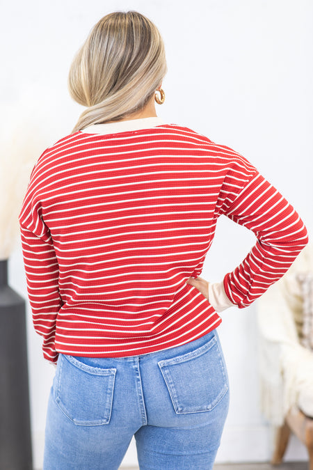 Red Crewneck Stripe Pullover Knit Top