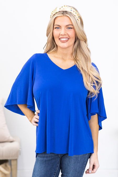 Cobalt Short Sleeve V-Neck Wrinkle Free Top