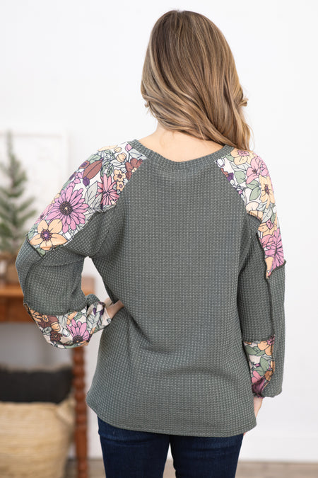 Olive Waffle Knit Top With Floral Sleeves