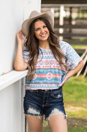 Dusty Blue and Coral Aztec Dolman Sleeve Top - Filly Flair