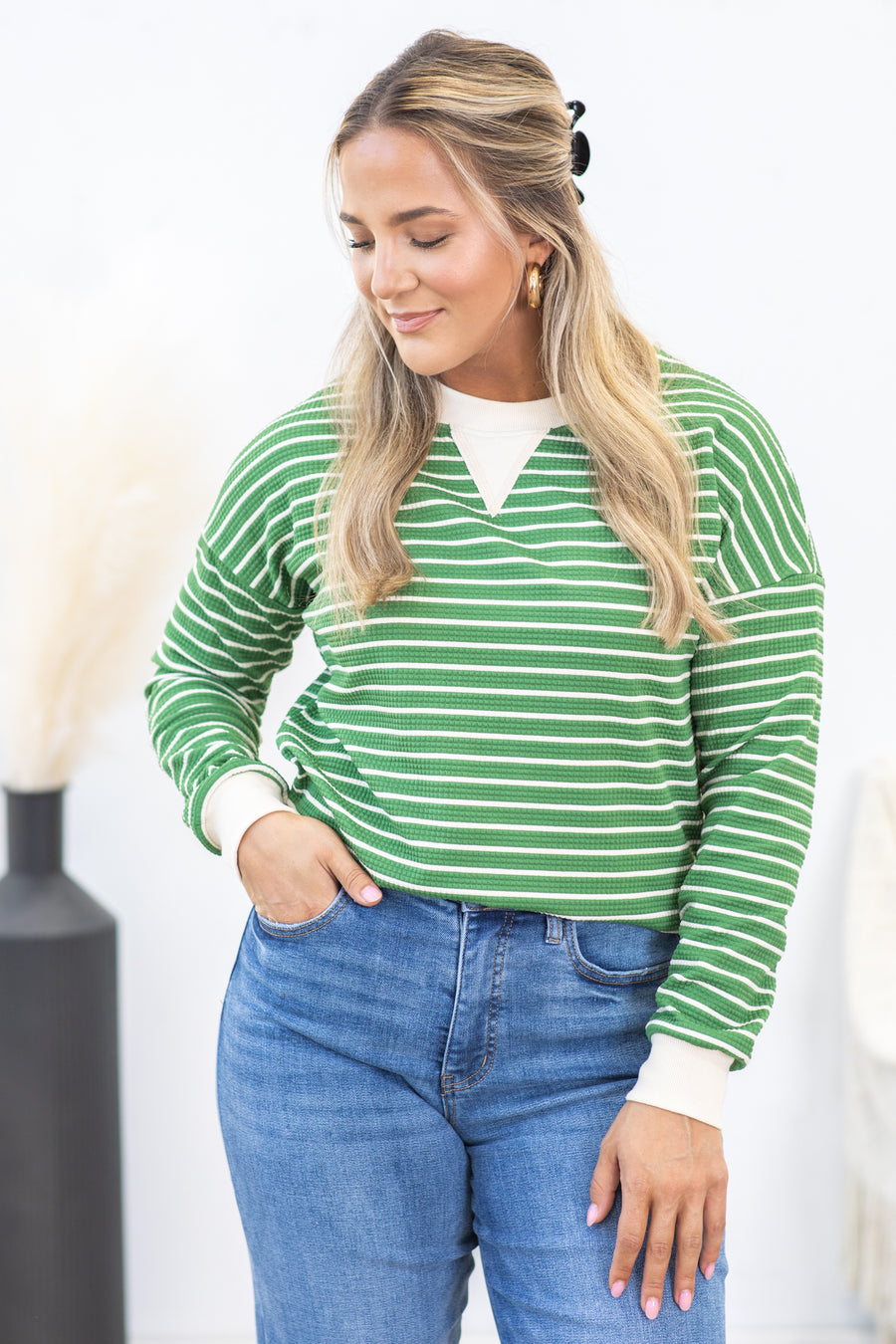 Green Crewneck Stripe Pullover Knit Top