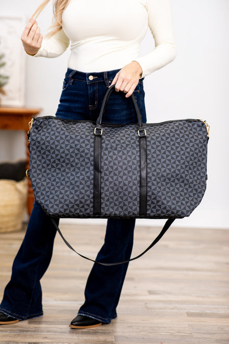 Black and Grey Geometric Print Weekender Bag